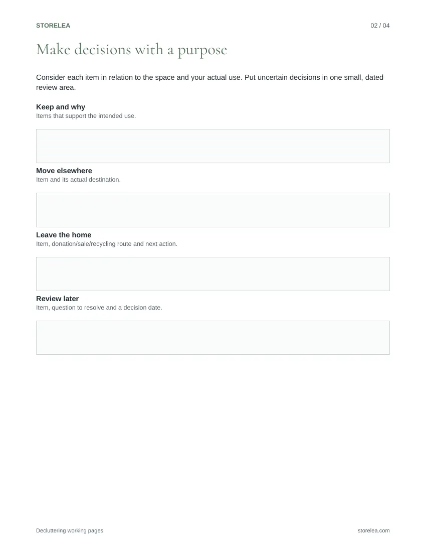 Page 2 of the Decluttering working pages