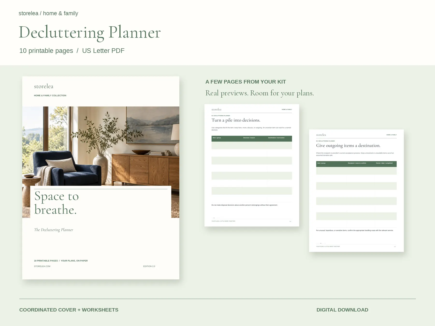 Actual cover and interior pages from The Decluttering Planner