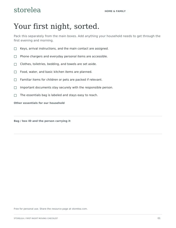Actual First-Night Moving Checklist printable