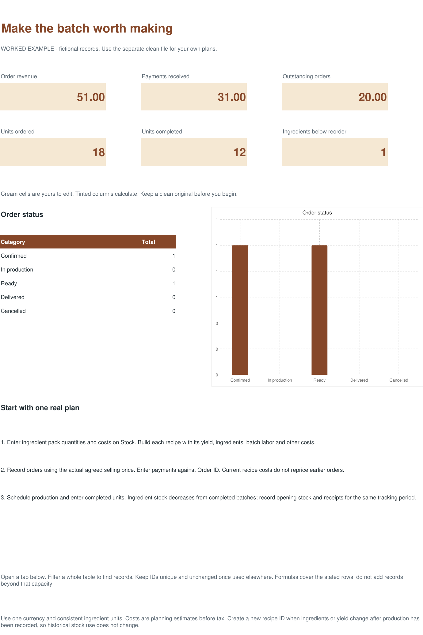 Actual workbook overview with fictional example records