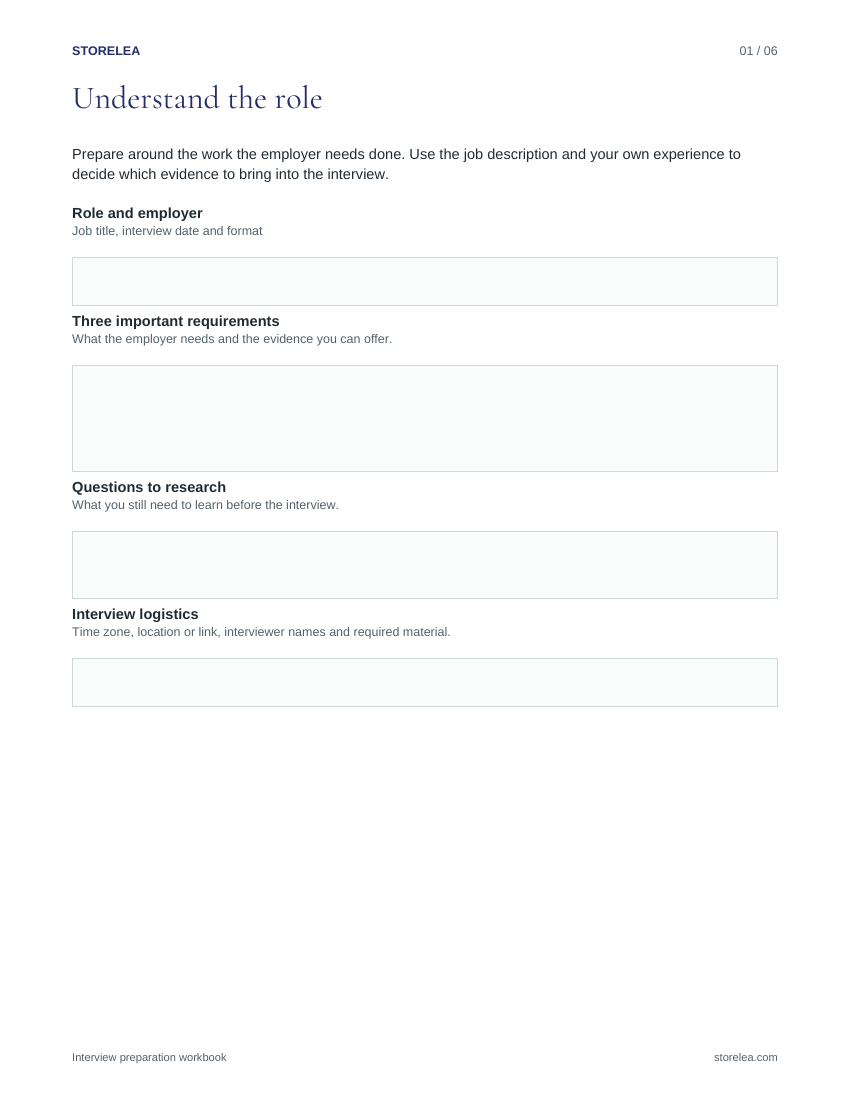 Page 1 of the Interview preparation workbook