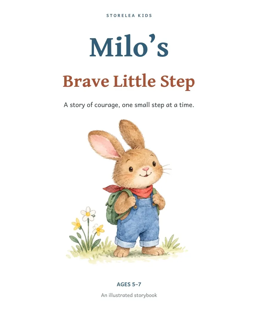 Cover of Milo’s Brave Little Step, with Milo the bunny in his red scarf and blue overalls