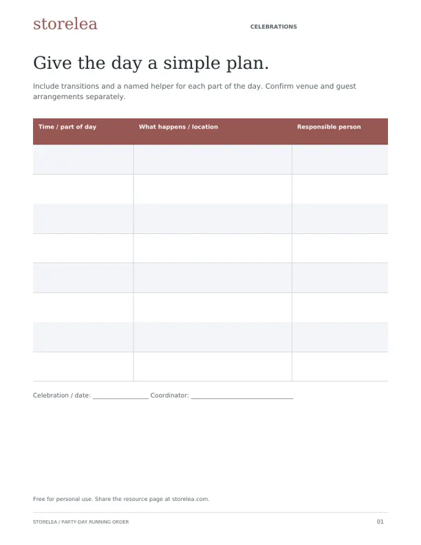 Actual Party-Day Running Order printable