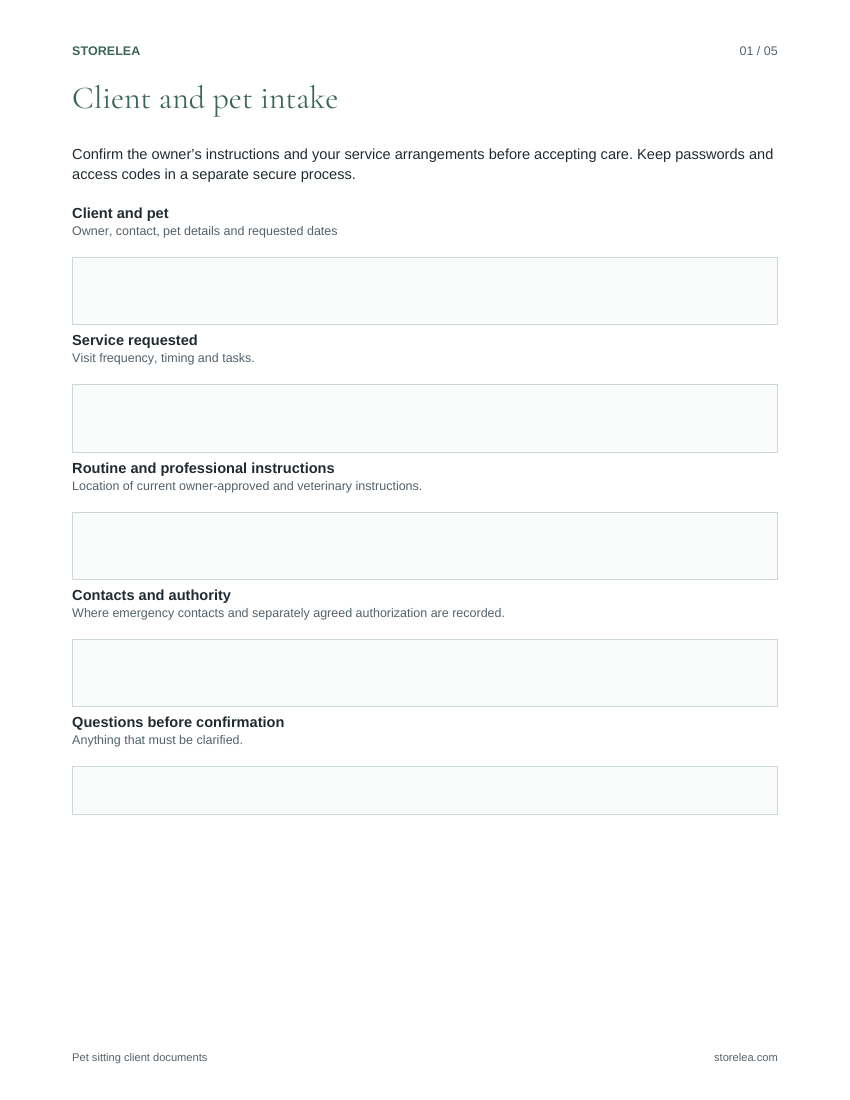Page 1 of the Pet sitting client documents