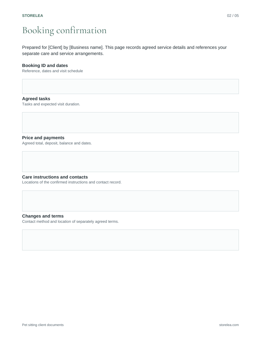 Page 2 of the Pet sitting client documents