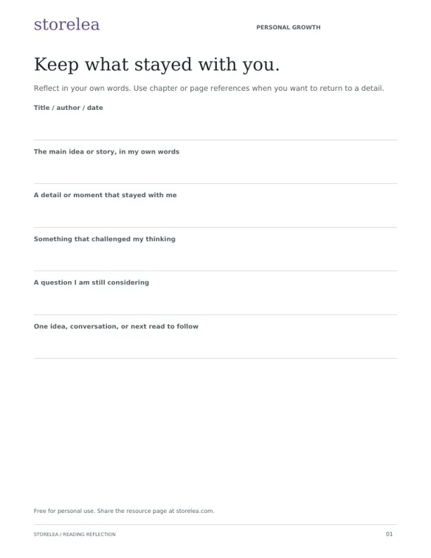 Actual Reading Reflection printable