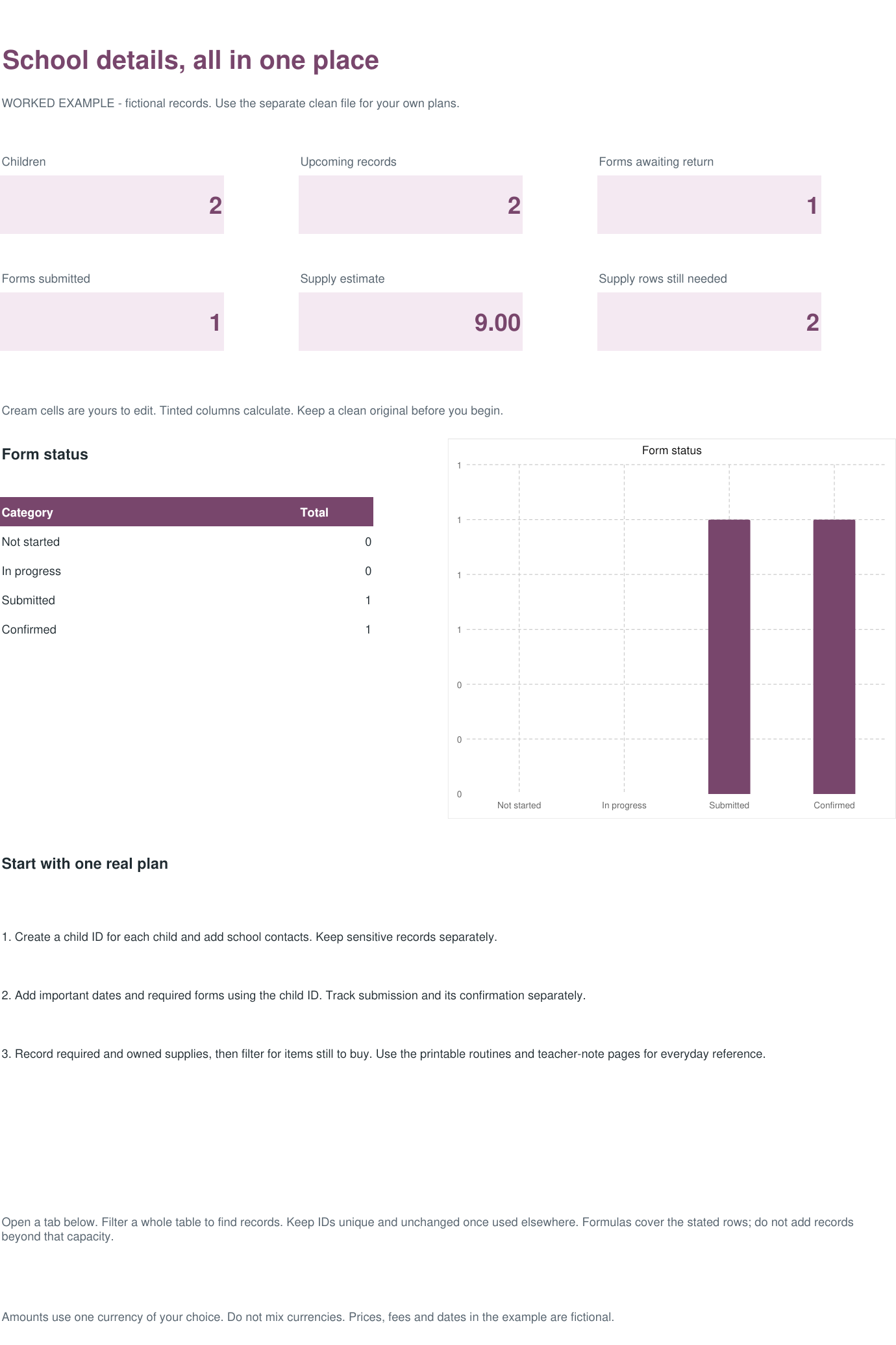 Actual workbook overview with fictional example records