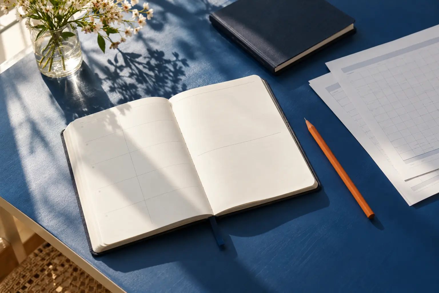 An organized desk with a planner, pencil, and paper worksheets in natural light