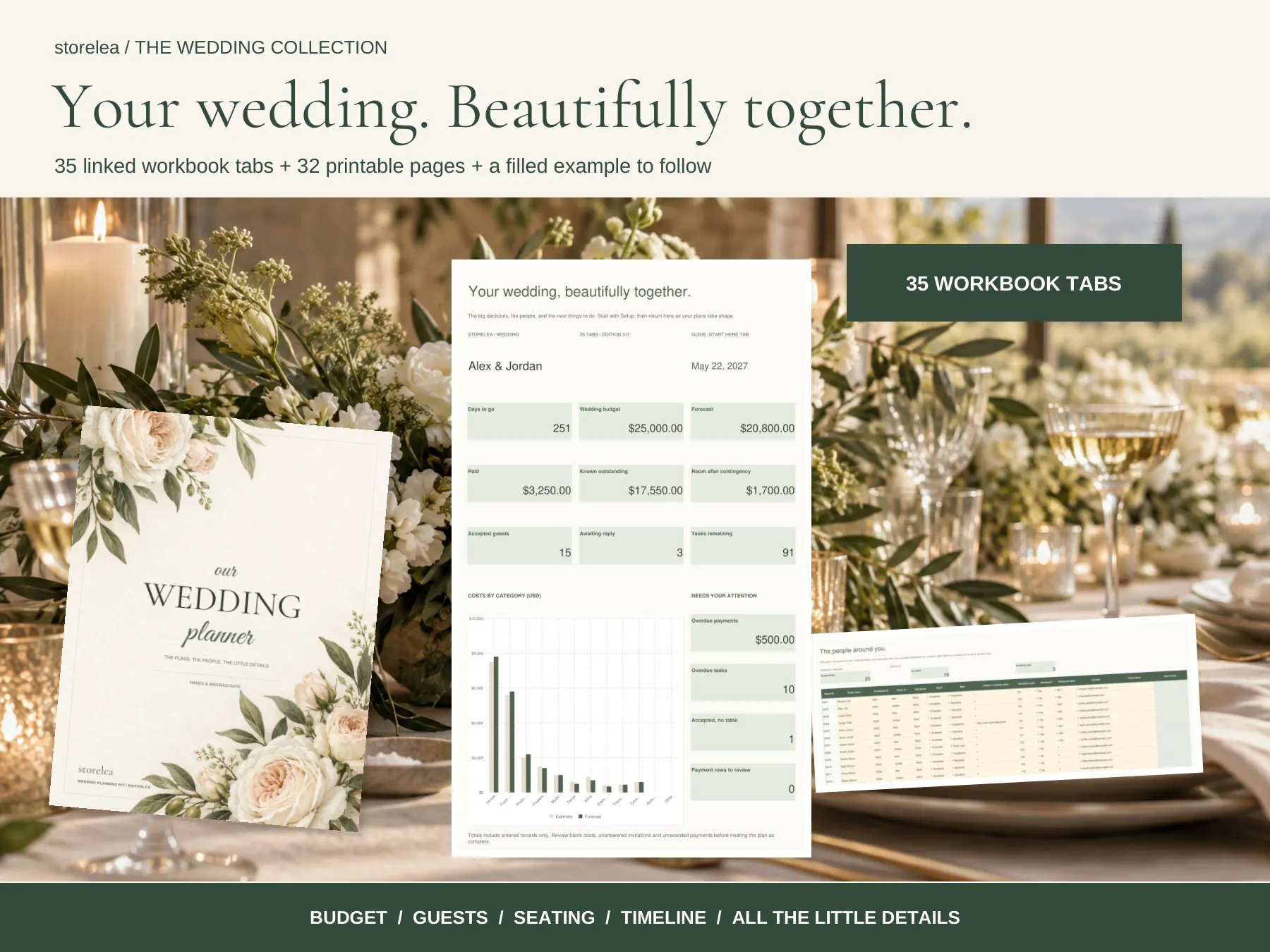 Actual guide pages and filled workbook example from The Wedding Planning Kit