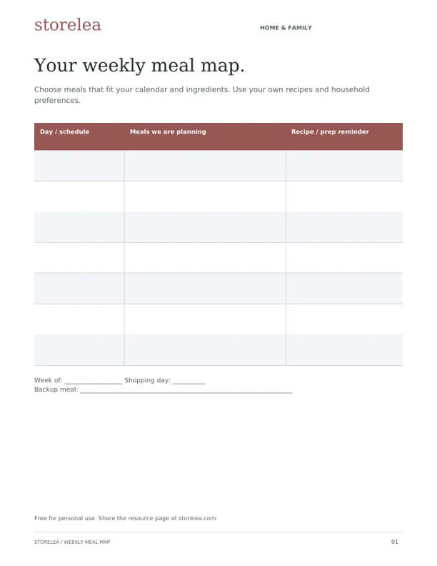 Actual Weekly Meal Map printable
