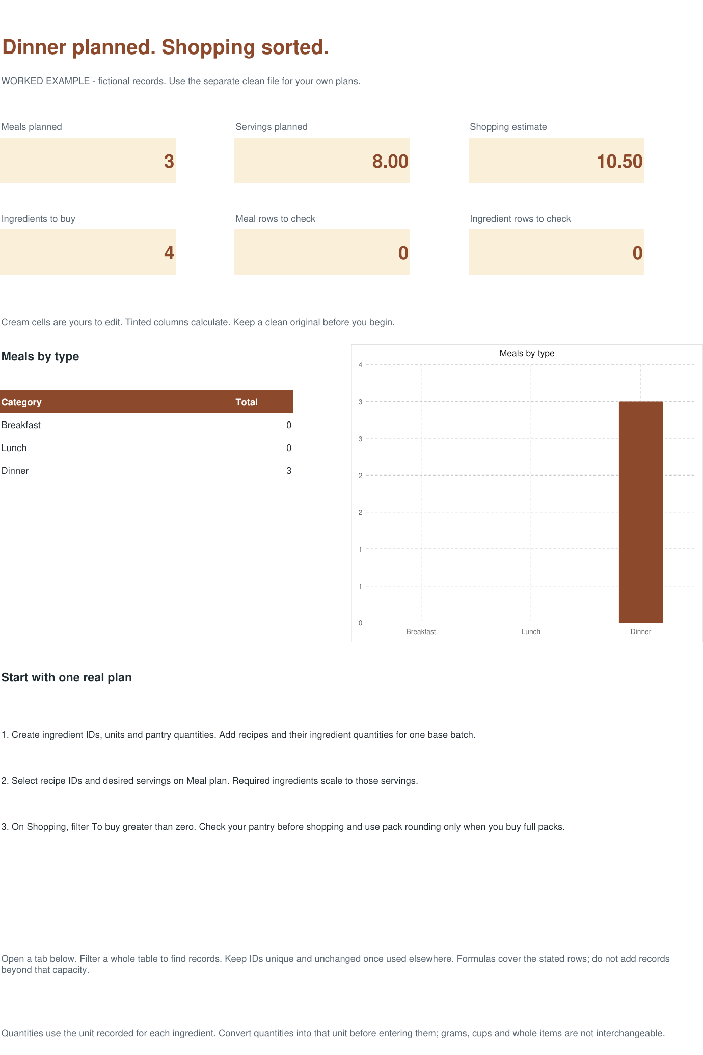 Actual workbook overview with fictional example records