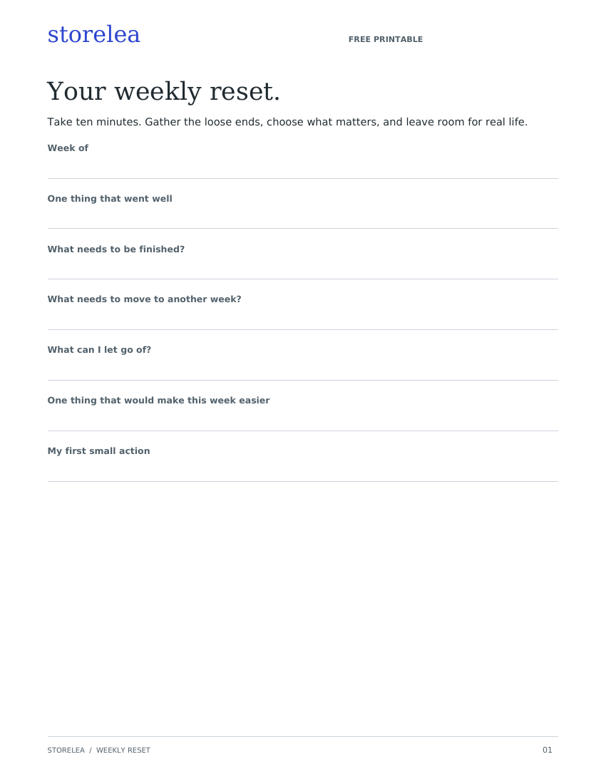 Preview of the printable Weekly Reset worksheet